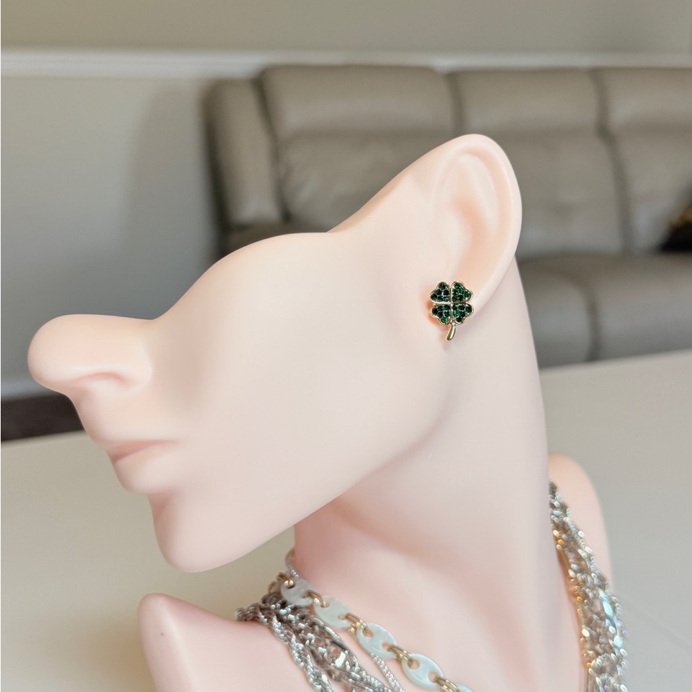 Gold Four-Leaf Clover Stud Earrings with Green Stones